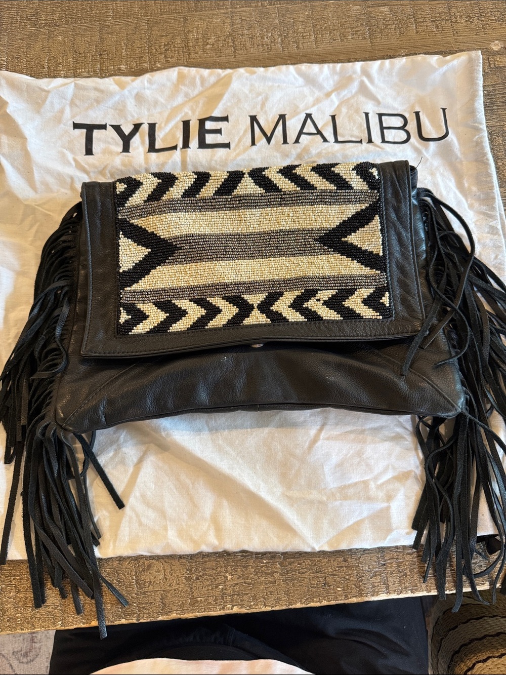 Tylie Malibu Black Leather Fringe Crossbody with Black and Cream Beaded Panel
